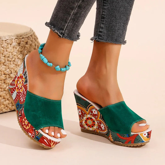 Momount Donna Sandali con Zeppa – Pelle Scamosciata Stampa Floreale Plateau Slide Boho