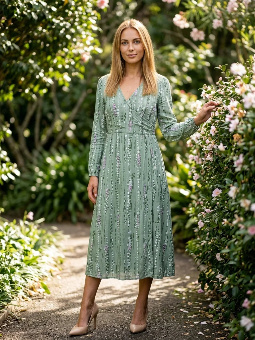 Poppy Summer Midi Dress | Flared Skirt, V-Neck, Printed - Green - lifestyle_garden