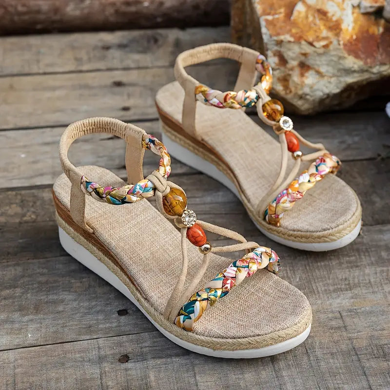 Momount Donna Sandali Espadrillas con Zeppa – Boho Intrecciati con Perline e Strass