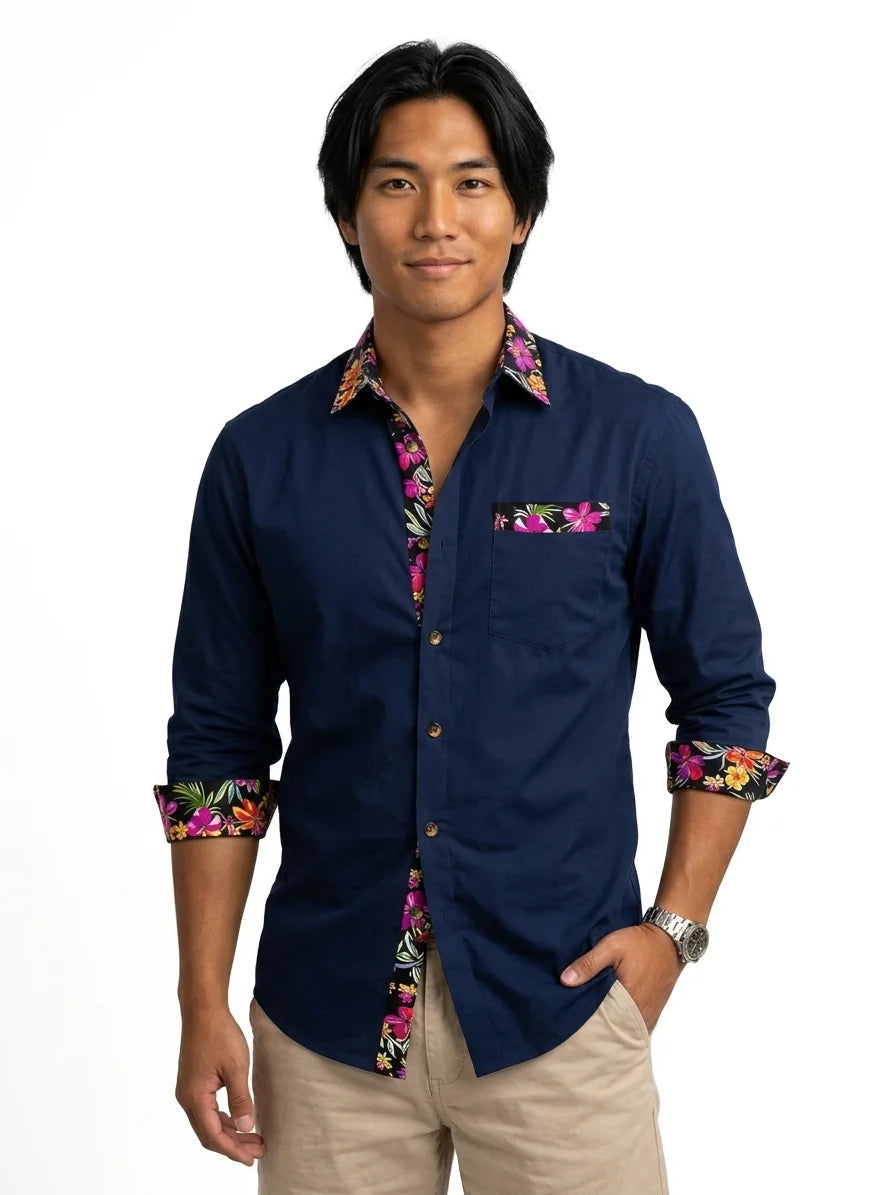 Momount Men Linen Shirt – Long Sleeve Floral Contrast Trim Hawaiian Casual - Navy Blue - front