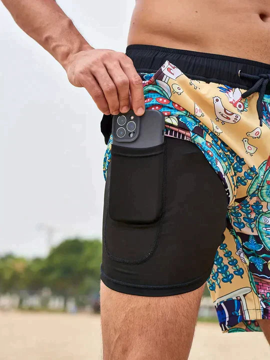 Momount Costume da Bagno Uomo – Stampa Palme Fodera a Compressione Asciugatura Rapida Lunghezza Media