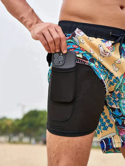 Momount Costume da Bagno Uomo – Stampa Palme Fodera a Compressione Asciugatura Rapida Lunghezza Media