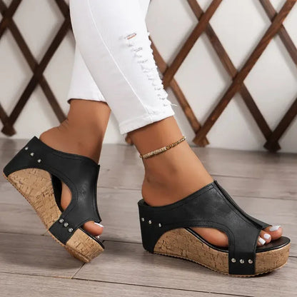 Momount Donna Sandali con Zeppa e Plateau – Sughero Nero Peep-Toe Mule con Borchie
