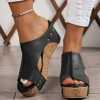 Momount Donna Sandali con Zeppa e Plateau – Sughero Nero Peep-Toe Mule con Borchie