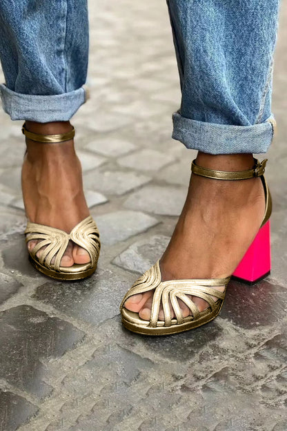 Momount Donna Sandali con Tacco – Metallizzati Cinturini Tacco Largo Cinturino alla Caviglia Punta Aperta Stile Serata