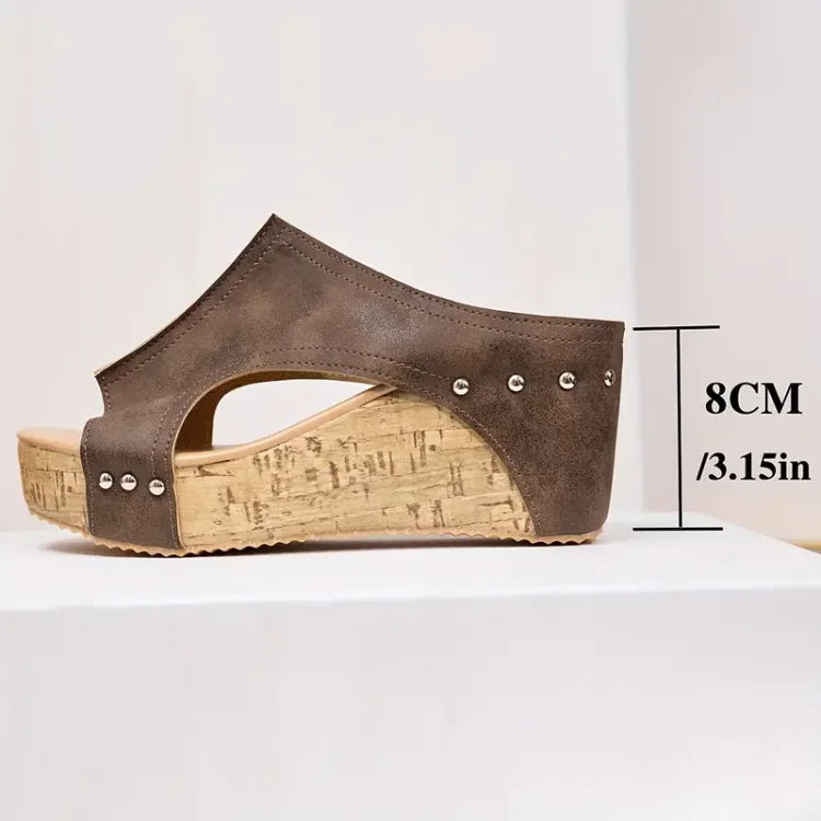 Momount Donna Sandali con Zeppa e Plateau – Sughero Nero Peep-Toe Mule con Borchie
