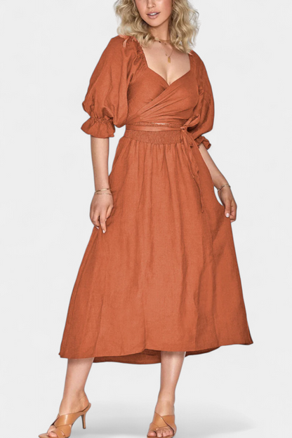 Momount Donna Vestito Midi Estivo – Cut Out Maniche a Sbuffo a Trapezio Fluido da Spiaggia