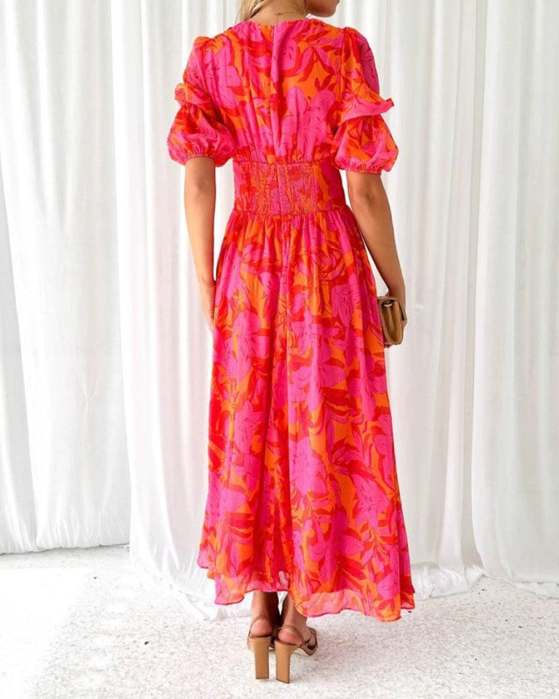 Momount Donna Abito Maxi Maniche a Sbuffo – Stampato Scollo a V Fluido