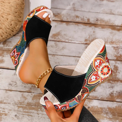 Momount Donna Sandali con Zeppa – Pelle Scamosciata Stampa Floreale Plateau Slide Boho