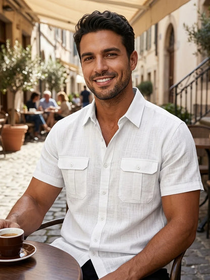 Momount Men Linen Shirt – Short Sleeve Double Chest Pocket Utility Casual - White - lifestyle_cafe