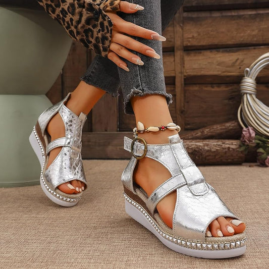 Momount Donna Sandali con Zeppa Plateau – Argento con Borchie Cinturino alla Caviglia