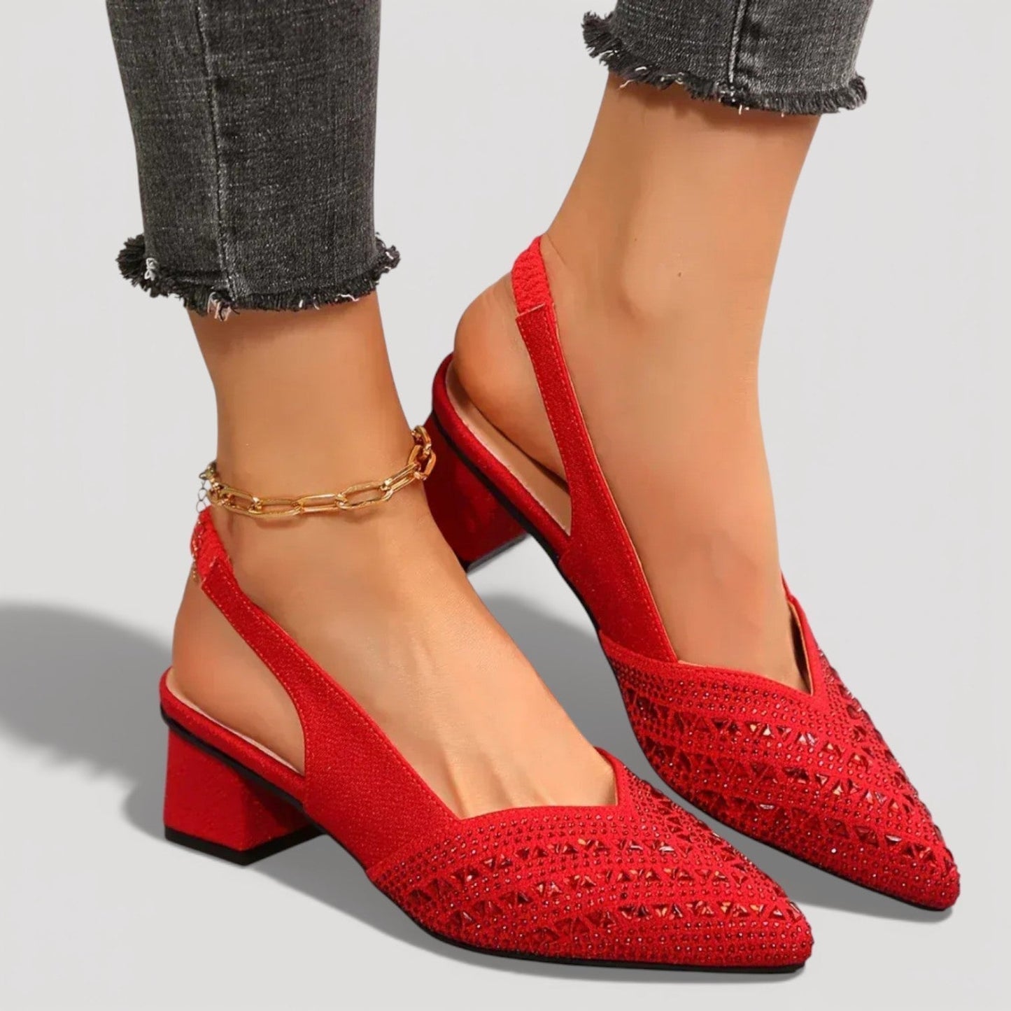 Momount Donna Décolleté Slingback – Strass Punta a Spillo Tacco Largo Basso V-Cut
