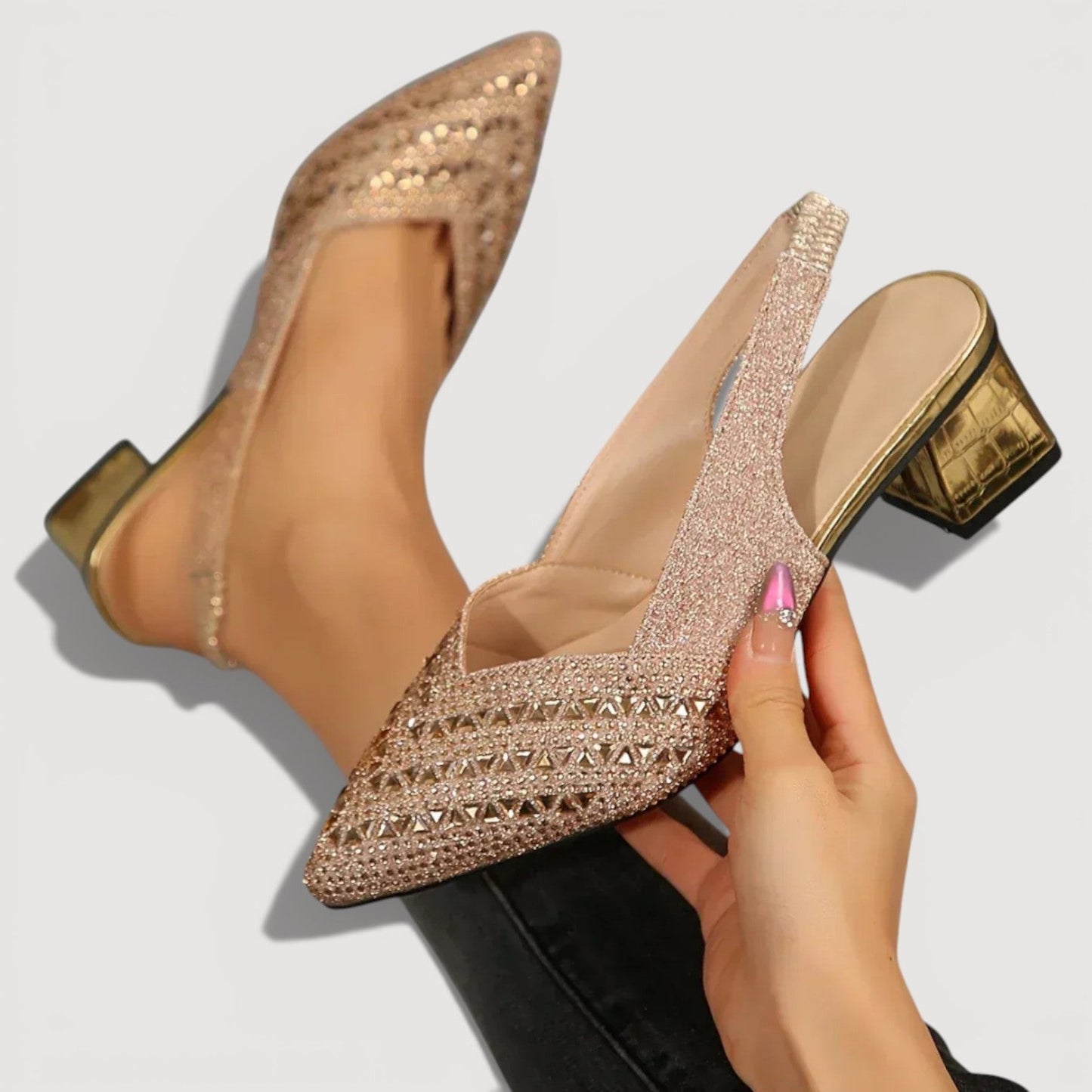 Momount Donna Décolleté Slingback – Strass Punta a Spillo Tacco Largo Basso V-Cut