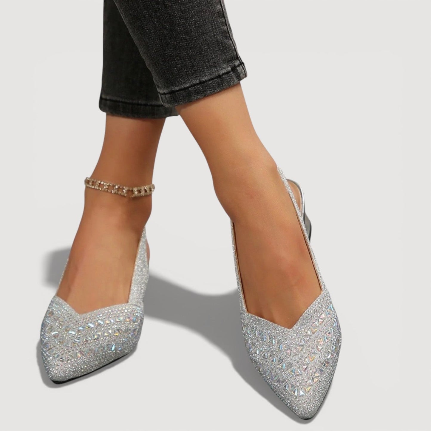 Momount Donna Décolleté Slingback – Strass Punta a Spillo Tacco Largo Basso V-Cut