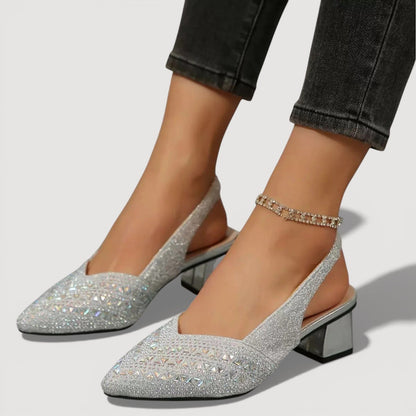 Momount Donna Décolleté Slingback – Strass Punta a Spillo Tacco Largo Basso V-Cut