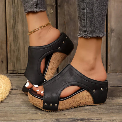 Momount Donna Mules con Zeppa in Sughero – Pelle Borchie Peep-Toe Cut-Out Slip-On