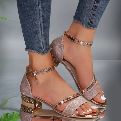 Momount Donna Sandali con Cinturini – Glitter Tacco Largo Decorati Punta Aperta Caviglia
