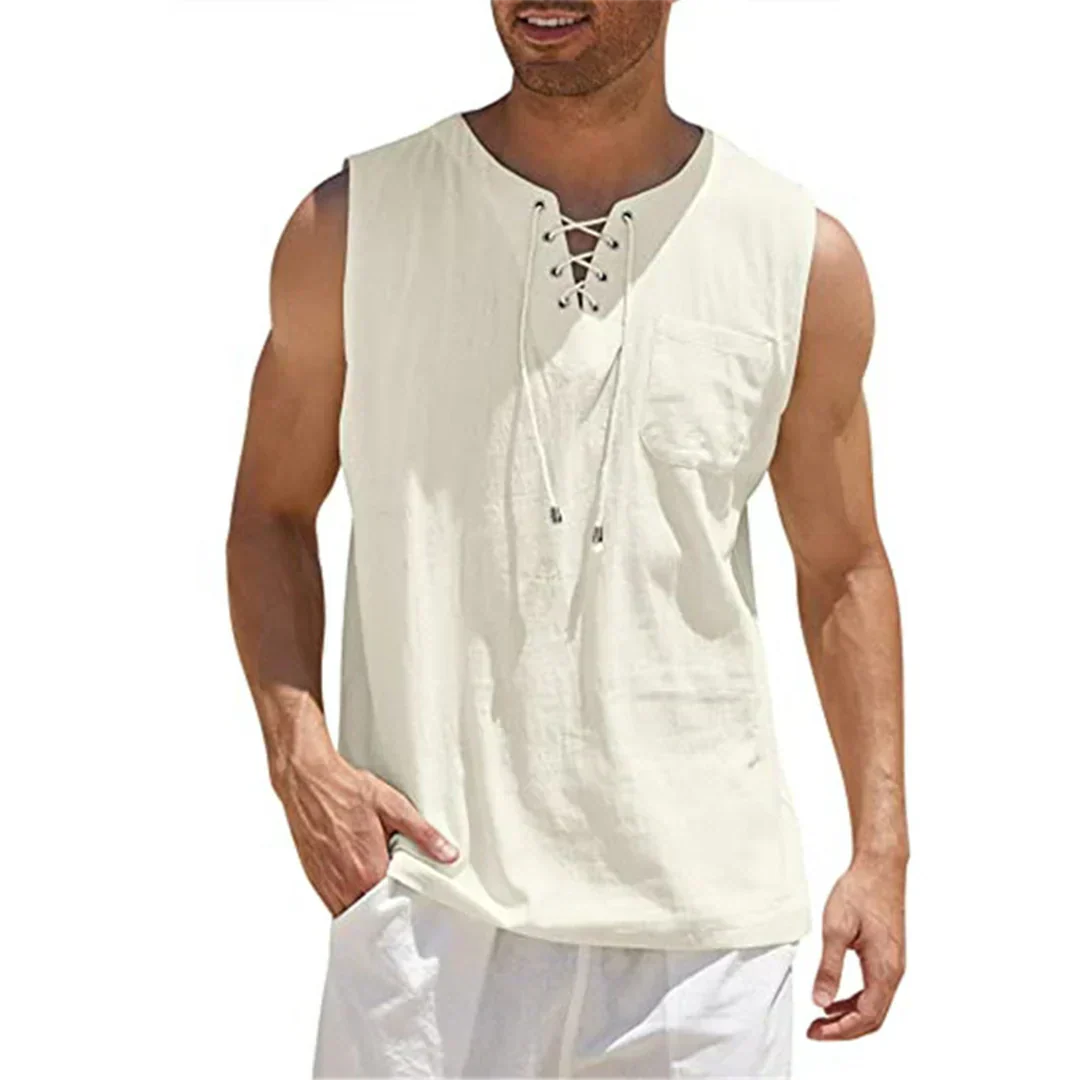 Momount Uomo Canottiera di Lino – Stringata Scollo a V Senza Maniche da Spiaggia Casual