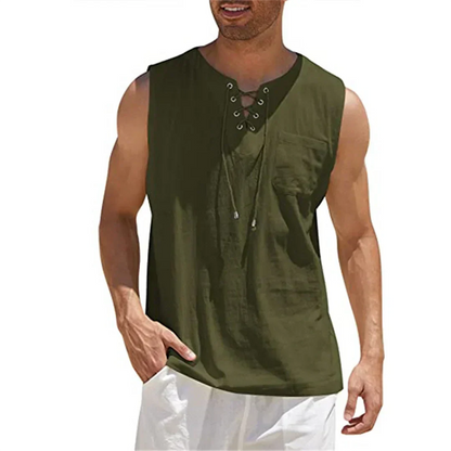 Momount Uomo Canottiera di Lino – Stringata Scollo a V Senza Maniche da Spiaggia Casual