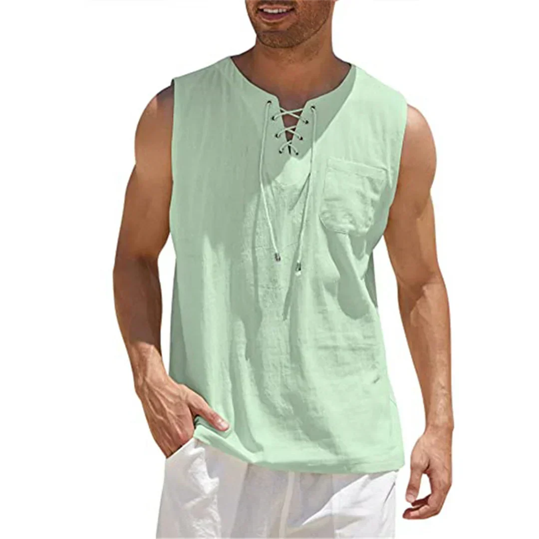 Momount Uomo Canottiera di Lino – Stringata Scollo a V Senza Maniche da Spiaggia Casual