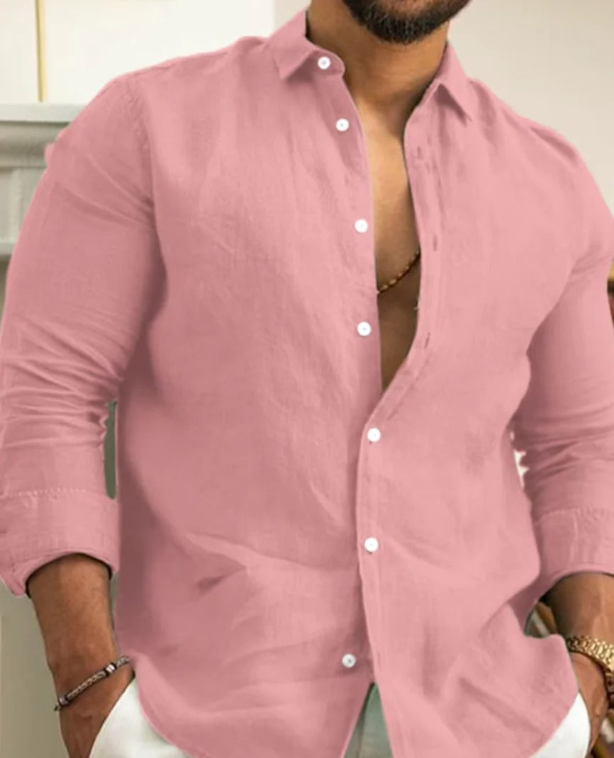 Momount Uomo Camicia di Lino – Manica Lunga Collo alla Coreana Abbottonata Classica