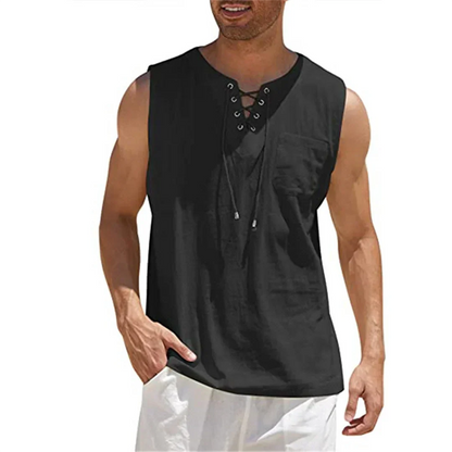 Momount Uomo Canottiera di Lino – Stringata Scollo a V Senza Maniche da Spiaggia Casual