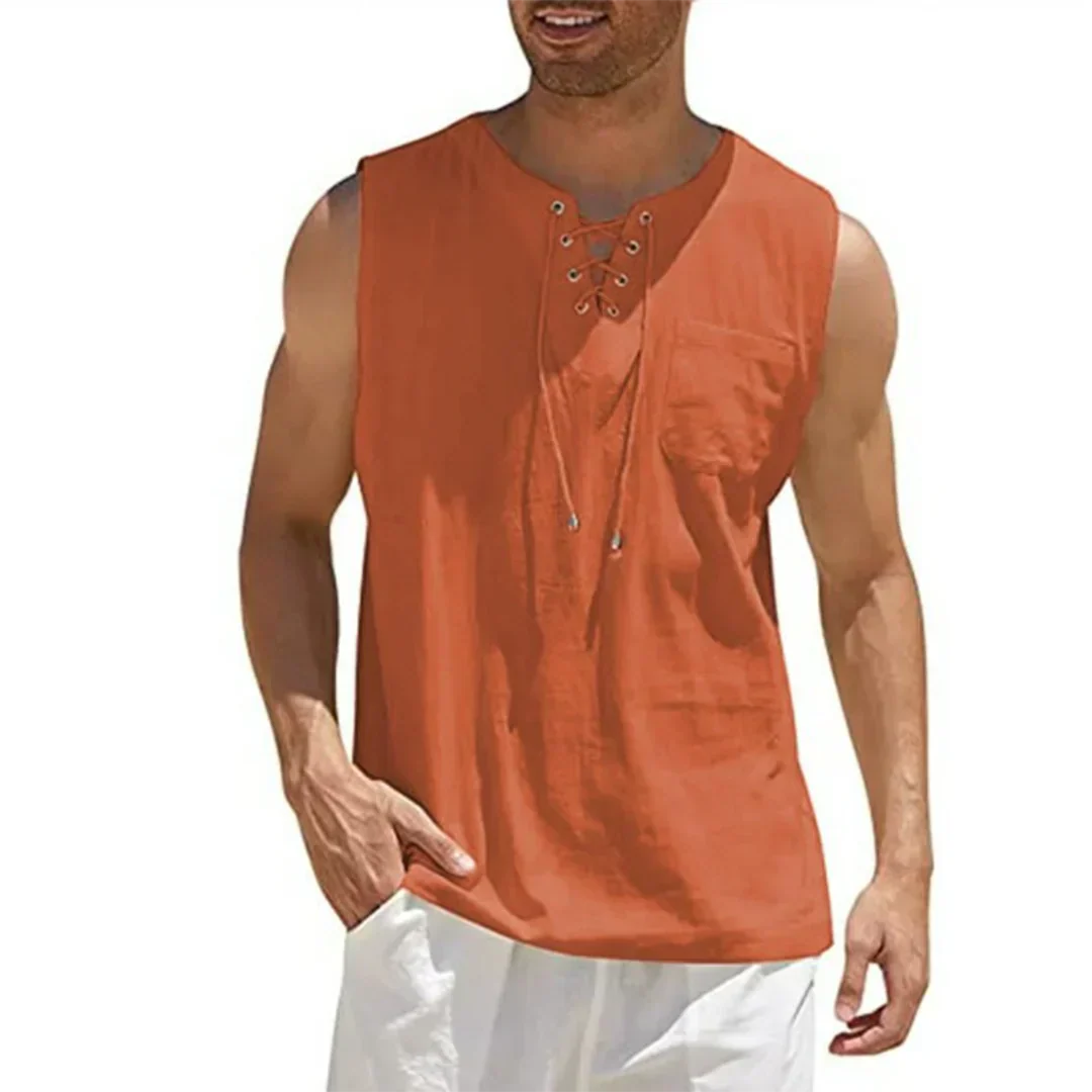 Momount Uomo Canottiera di Lino – Stringata Scollo a V Senza Maniche da Spiaggia Casual
