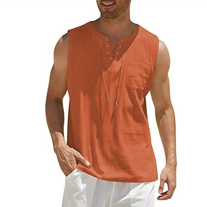 Momount Uomo Canottiera di Lino – Stringata Scollo a V Senza Maniche da Spiaggia Casual