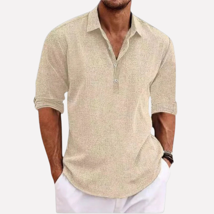 Momount Men Linen Shirt – Long Sleeve Popover Button Placket Casual