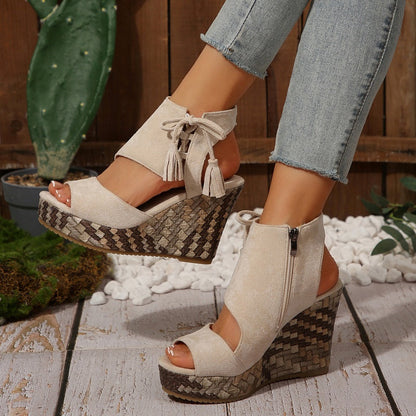 Momount Donna Sandali con Zeppa – Pelle Scamosciata Intrecciata con Fiocco Plateau Alto Boho