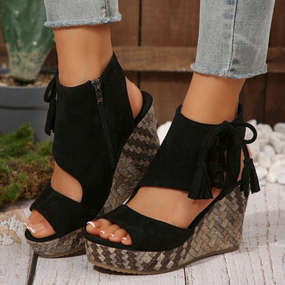 Momount Donna Sandali con Zeppa – Pelle Scamosciata Intrecciata con Fiocco Plateau Alto Boho