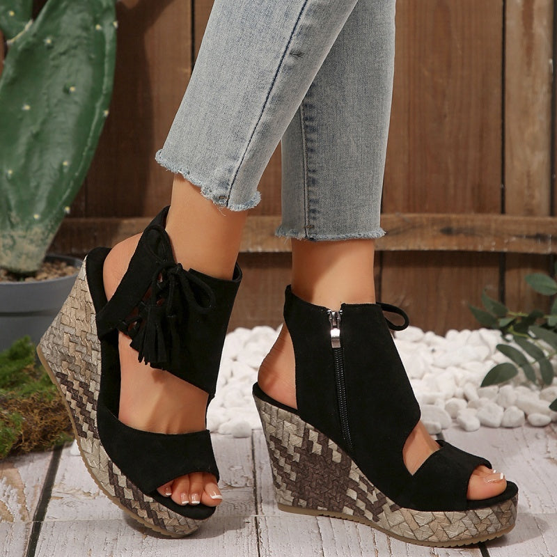 Momount Donna Sandali con Zeppa – Pelle Scamosciata Intrecciata con Fiocco Plateau Alto Boho