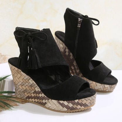Momount Donna Sandali con Zeppa – Pelle Scamosciata Intrecciata con Fiocco Plateau Alto Boho