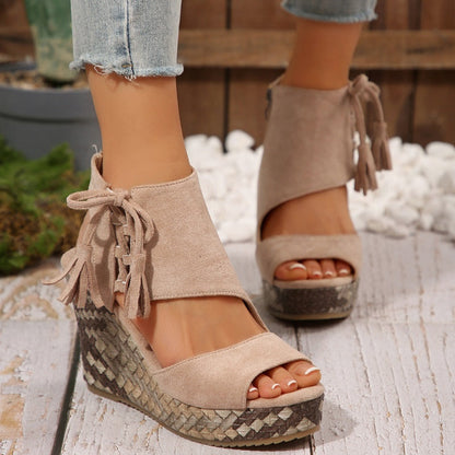 Momount Donna Sandali con Zeppa – Pelle Scamosciata Intrecciata con Fiocco Plateau Alto Boho