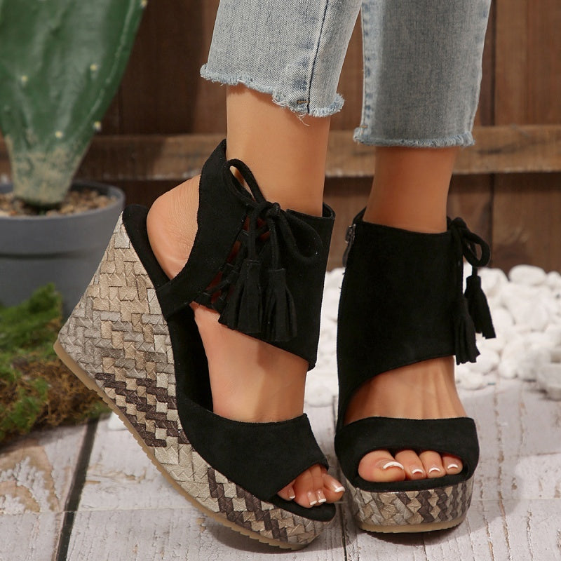 Momount Donna Sandali con Zeppa – Pelle Scamosciata Intrecciata con Fiocco Plateau Alto Boho