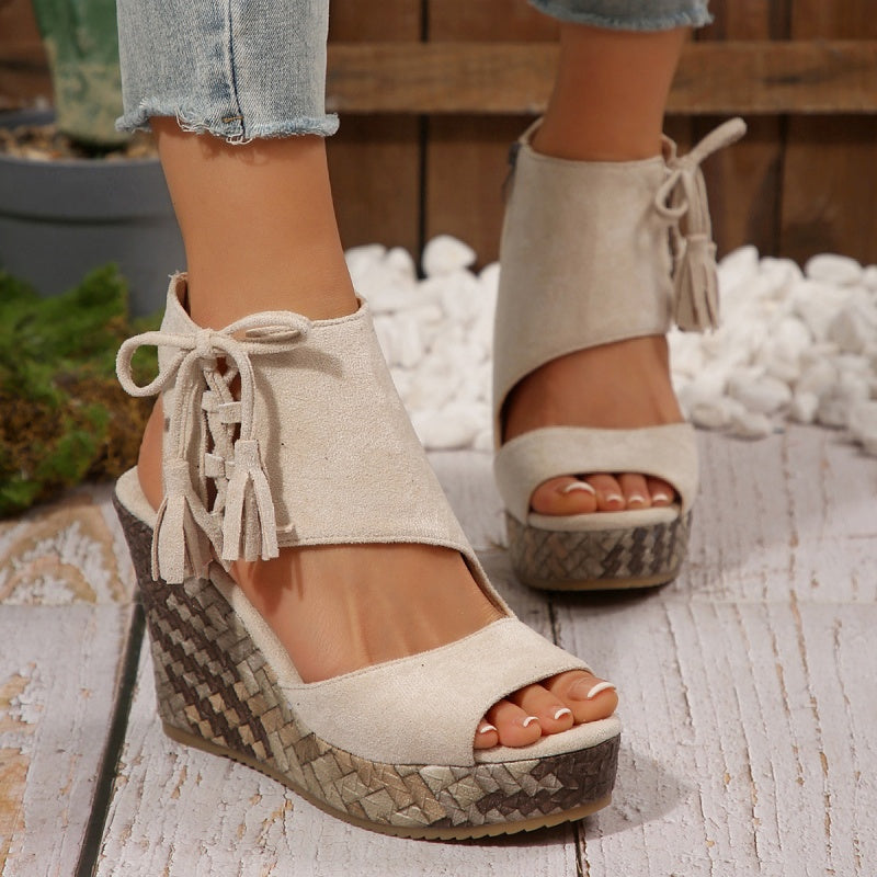Momount Donna Sandali con Zeppa – Pelle Scamosciata Intrecciata con Fiocco Plateau Alto Boho