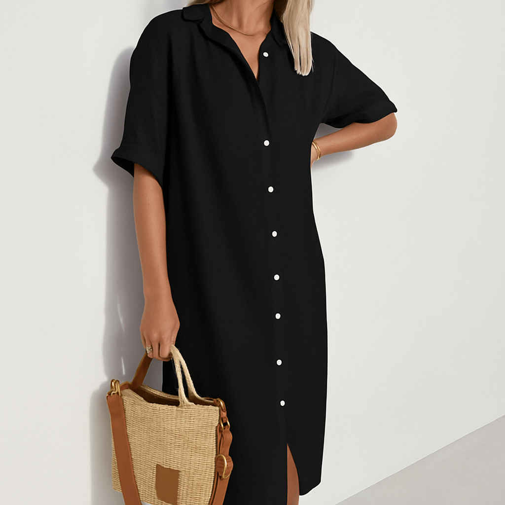 Momount Donna Abito Camicia di Lino – Manica Corta Abbottonato Midi Rilassato