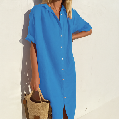Momount Donna Abito Camicia di Lino – Manica Corta Abbottonato Midi Rilassato