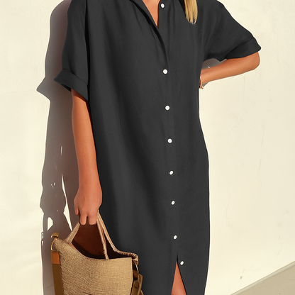 Momount Donna Abito Camicia di Lino – Manica Corta Abbottonato Midi Rilassato