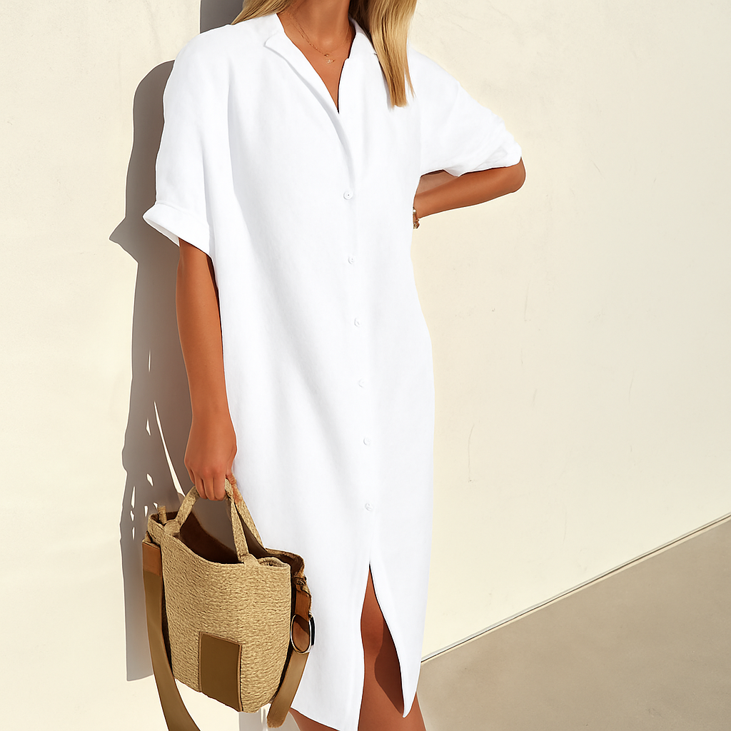 Momount Donna Abito Camicia di Lino – Manica Corta Abbottonato Midi Rilassato