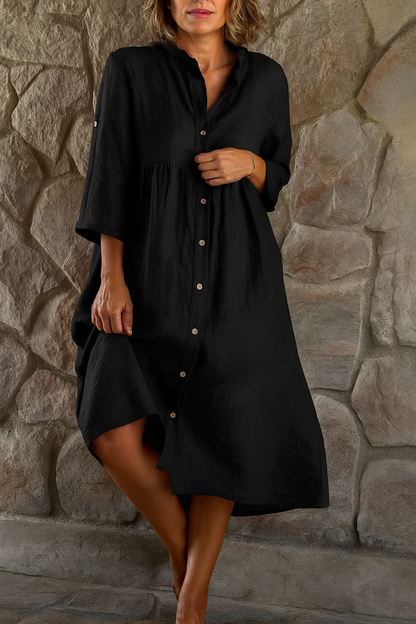 Momount Donna Abito Camicia in Cotone e Lino – Scollo a V Manica 3/4 Rilassato