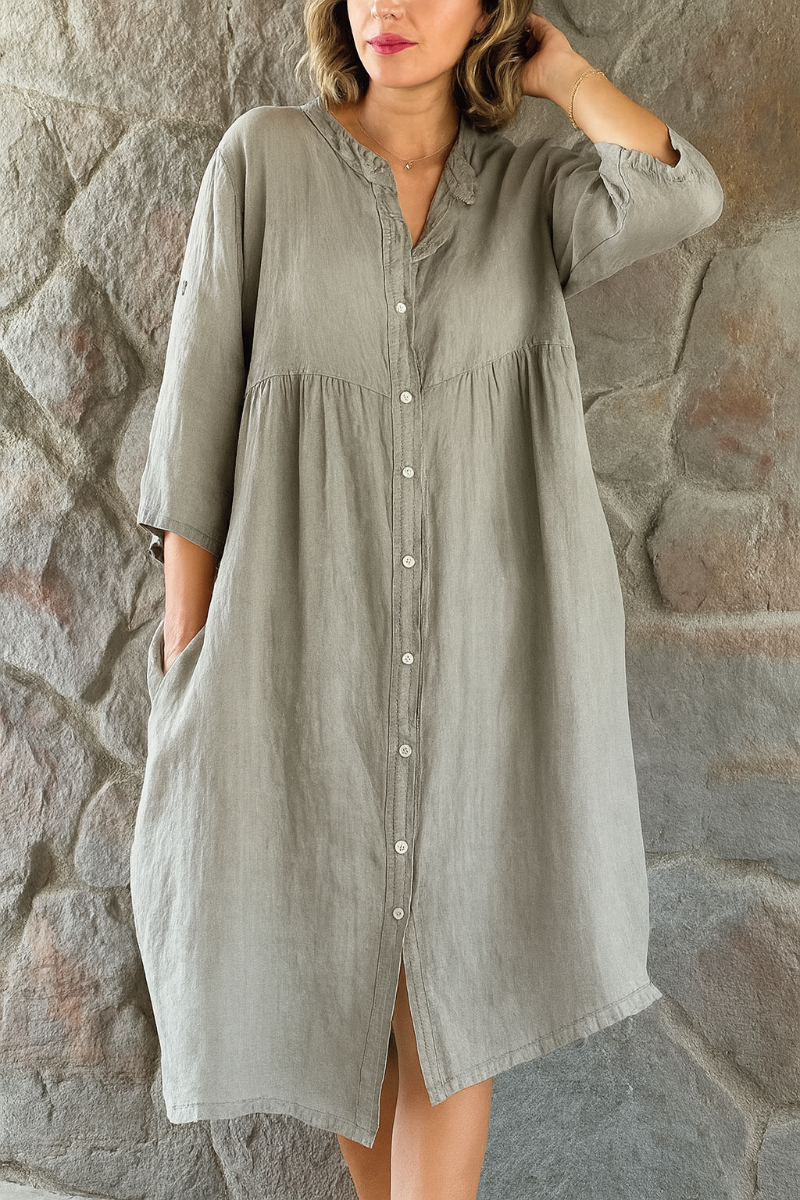 Momount Donna Abito Camicia in Cotone e Lino – Scollo a V Manica 3/4 Rilassato