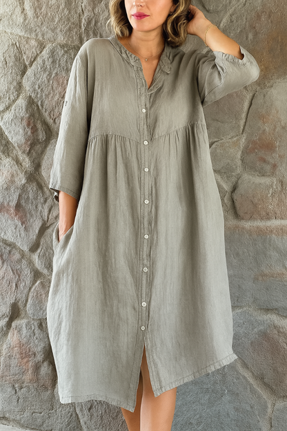 Momount Donna Abito Camicia in Cotone e Lino – Scollo a V Manica 3/4 Rilassato