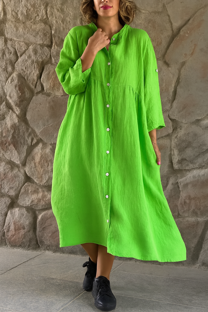 Momount Donna Abito Camicia in Cotone e Lino – Scollo a V Manica 3/4 Rilassato