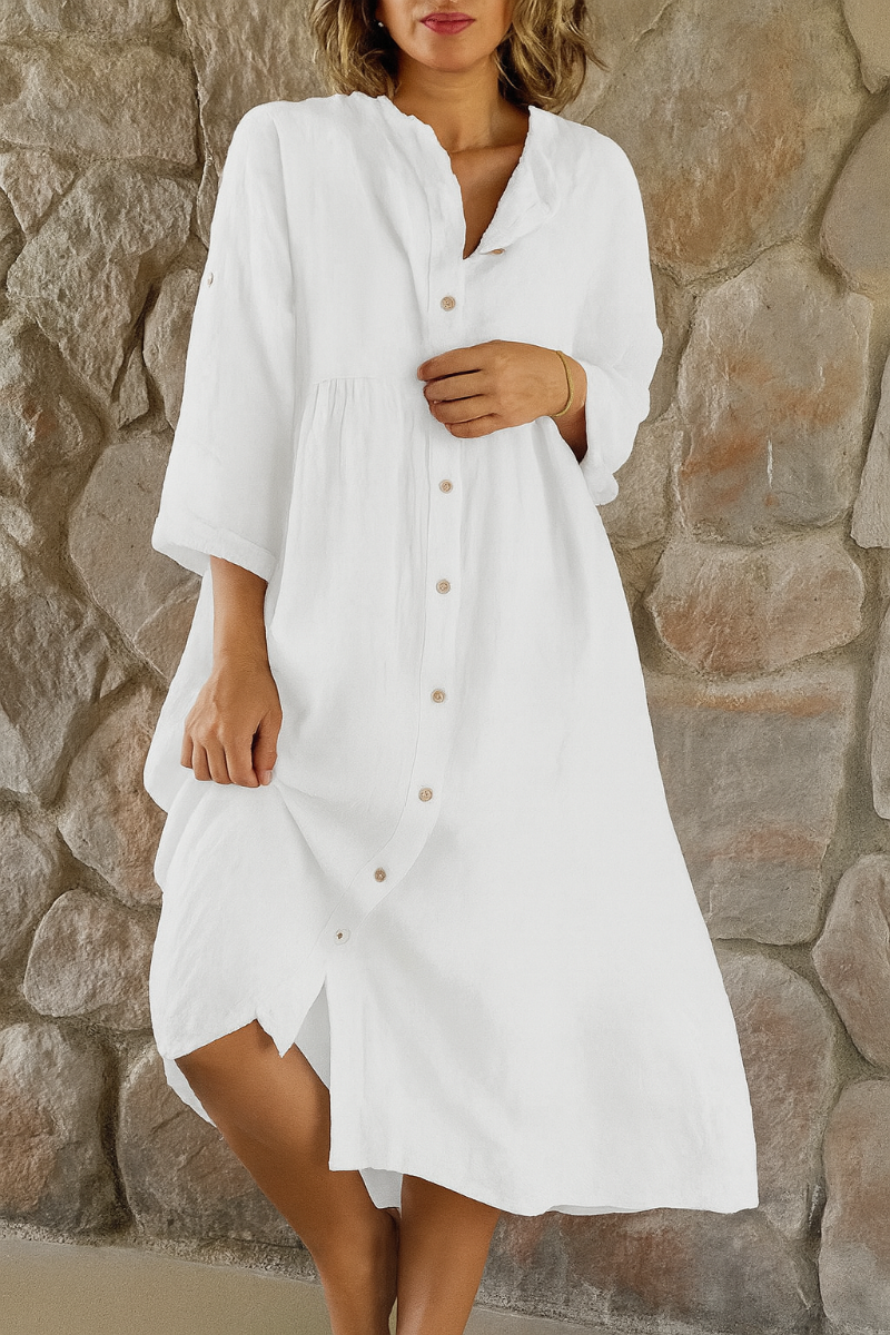 Momount Donna Abito Camicia in Cotone e Lino – Scollo a V Manica 3/4 Rilassato