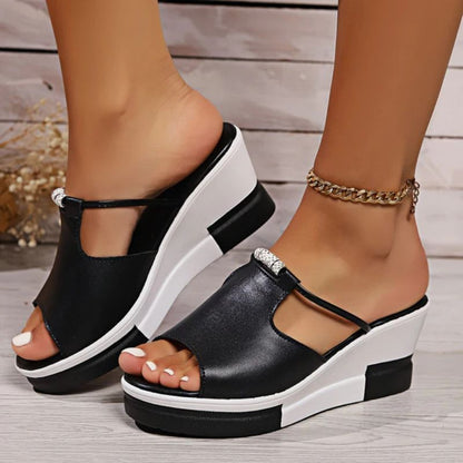 Momount Donna Sandali con Zeppa – Pelle T-Bar Cut-Out Peep-Toe Plateau Slide