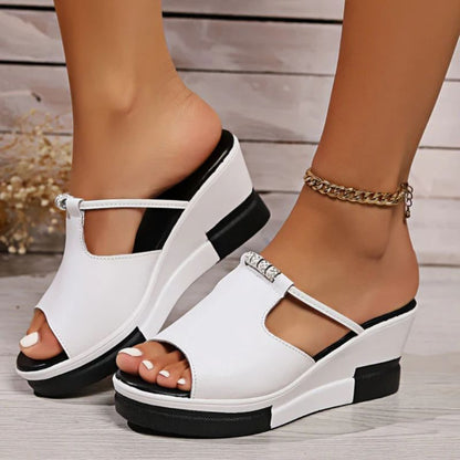 Momount Donna Sandali con Zeppa – Pelle T-Bar Cut-Out Peep-Toe Plateau Slide