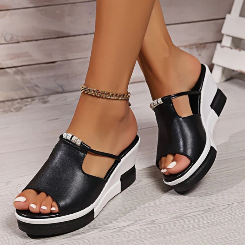 Momount Donna Sandali con Zeppa – Pelle T-Bar Cut-Out Peep-Toe Plateau Slide