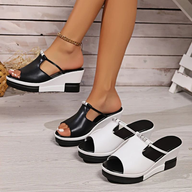 Momount Donna Sandali con Zeppa – Pelle T-Bar Cut-Out Peep-Toe Plateau Slide