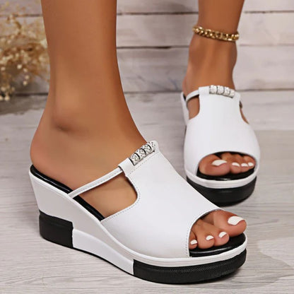 Momount Donna Sandali con Zeppa – Pelle T-Bar Cut-Out Peep-Toe Plateau Slide